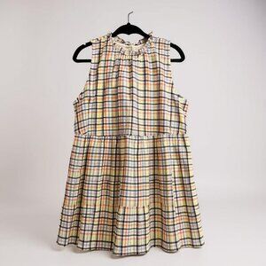 Loft Sleeveless Pastel Plaid Tiered Dress With Ruffle Neckline L‎